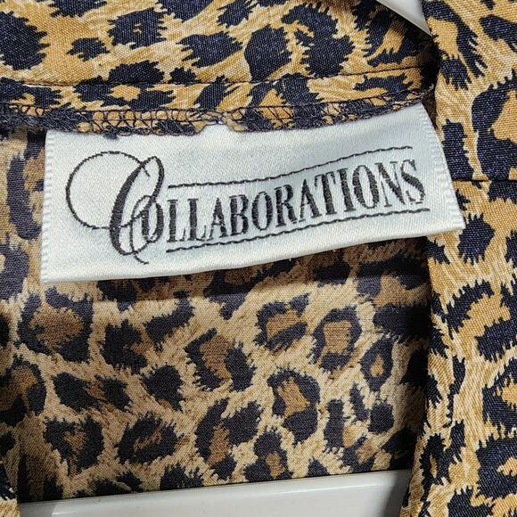 Vintage Leopard Tie Front Peplum Top Size M/L Pleated Button Closure Long Sleeve - Picture 12 of 14